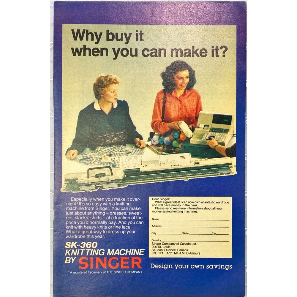 Singer Knitting Machine "Why buy it when you can make it?" Vintage Print Ad 1983